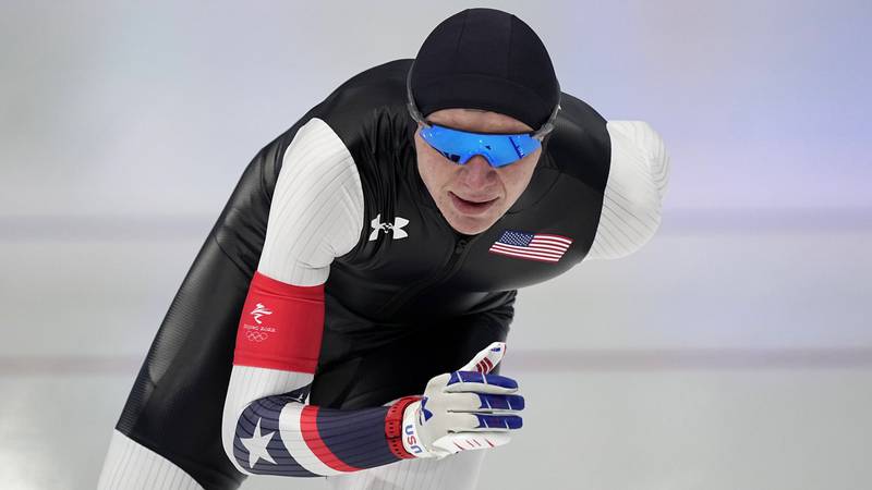 Ethan Cepuran of the United States competes during the men's speedskating 5,000-meter race at the 2022 Winter Olympics, Sunday, Feb. 6, 2022, in Beijing. (AP Photo/Ashley Landis)