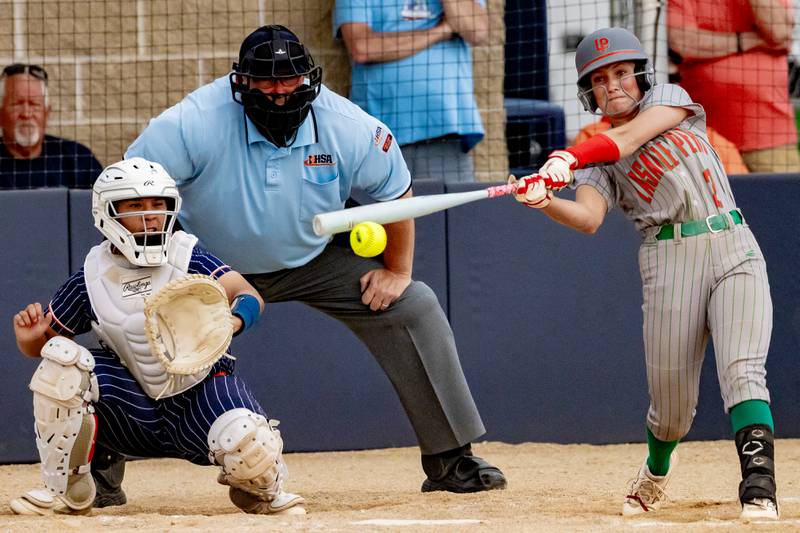 Karmen Piano of LaSalle Peru High School makes contact with the ball and puts it in play during the Illinois Class 3A regional game on May 30, 2025 at Pontiac High School.