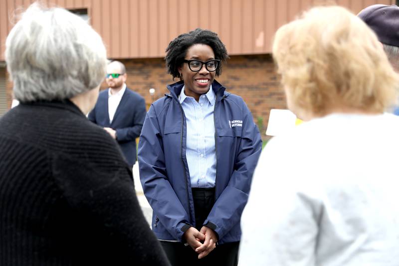 U.S. Rep. Lauren Underwood (D-Naperville) speaks to community members to speak out against cuts to the federal Older Americans Act at the Senior Services Associates community center in Yorkville.