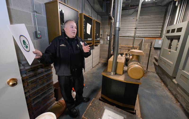 Geneva Police Chief Eric Passarelli shows the current back up generator dating back into the early 80s is still in use during a tour on Friday, Jan. 9, 2026. A $59.4 million public safety referendum will be on the March 17, 2026 primary ballot.