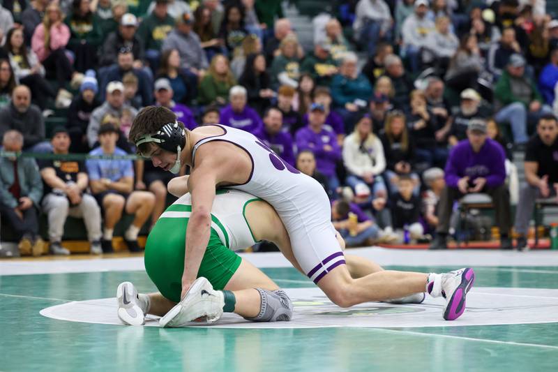 Wilmington's Logan Van Duyne wrestles Seneca's Landen Venecia in the 190-pound championship match during the IHSA Class 1A Coal City Sectional on Saturday, Feb. 14, 2026.