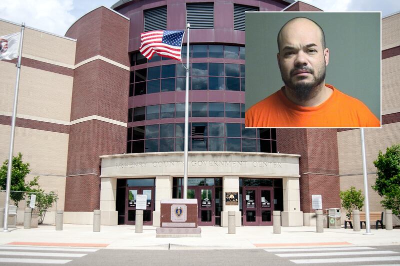 Inset of Nicholas A. Acevedo in front of Northwest Herald file photo of the McHenry County courthouse.