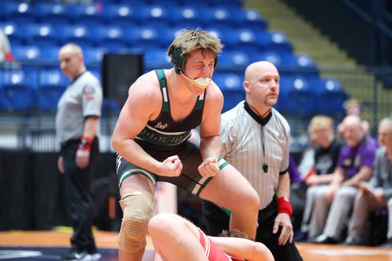 Coal City's Brody D`Orazio celebrates his win over Vandalia's Jeffrey Smith in the 215-pound match during the Coalers' victory in the IHSA Class 1A Dual Team State championship over Vandalia on Saturday, Feb. 28, 2026.