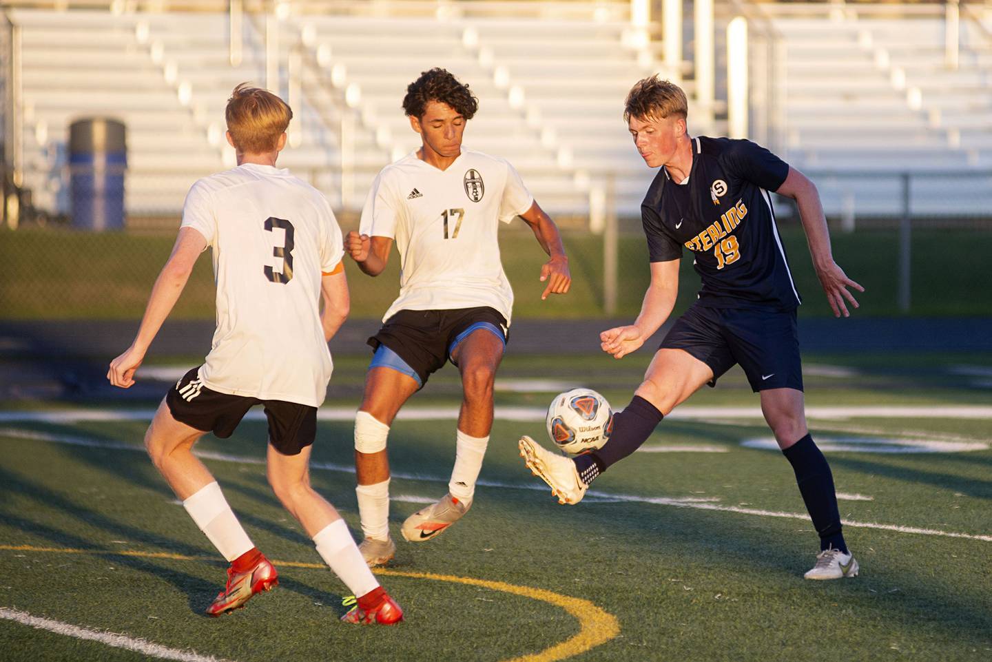 Sterling’s Felipe Sandoval heads the ball during the Warriors’ soccer match against United Township Tuesday, Aug. 30, 2022.