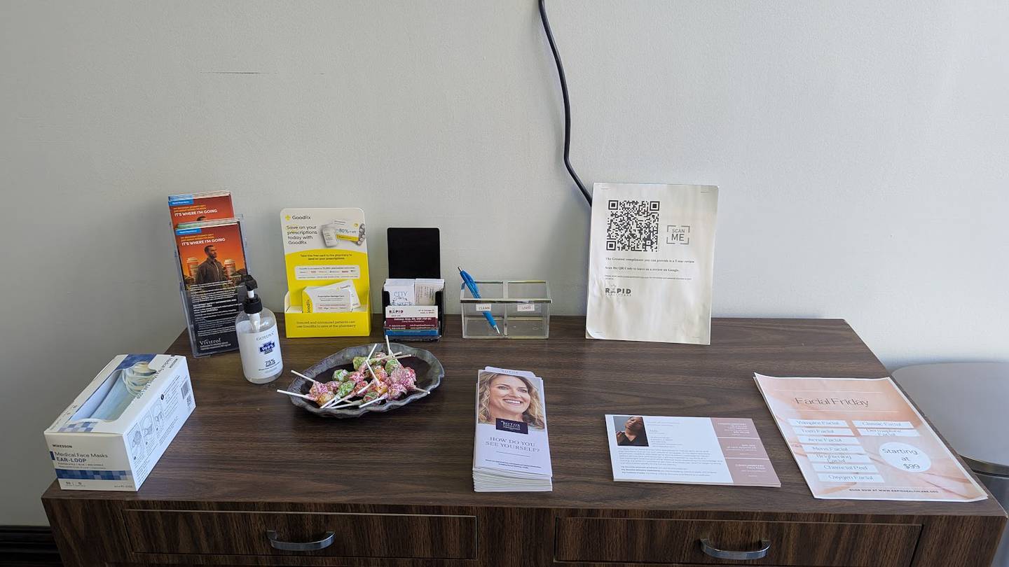 Wellness information and products are seen in the waiting room of Rapid Healthcare in Joliet on Thursday, Feb. 6, 2025.