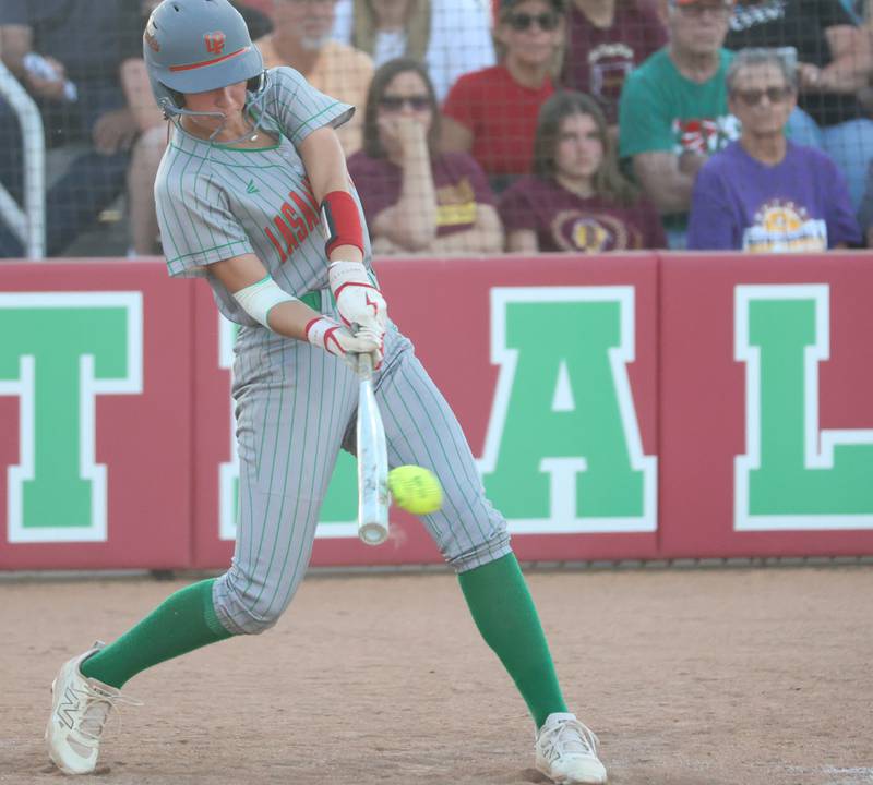 L-P's Anna Riva gets a hit during the Class 3A Sectional semifinal game on Tuesday, May 26, 2026 at the L-P Athletic Complex in La Salle.