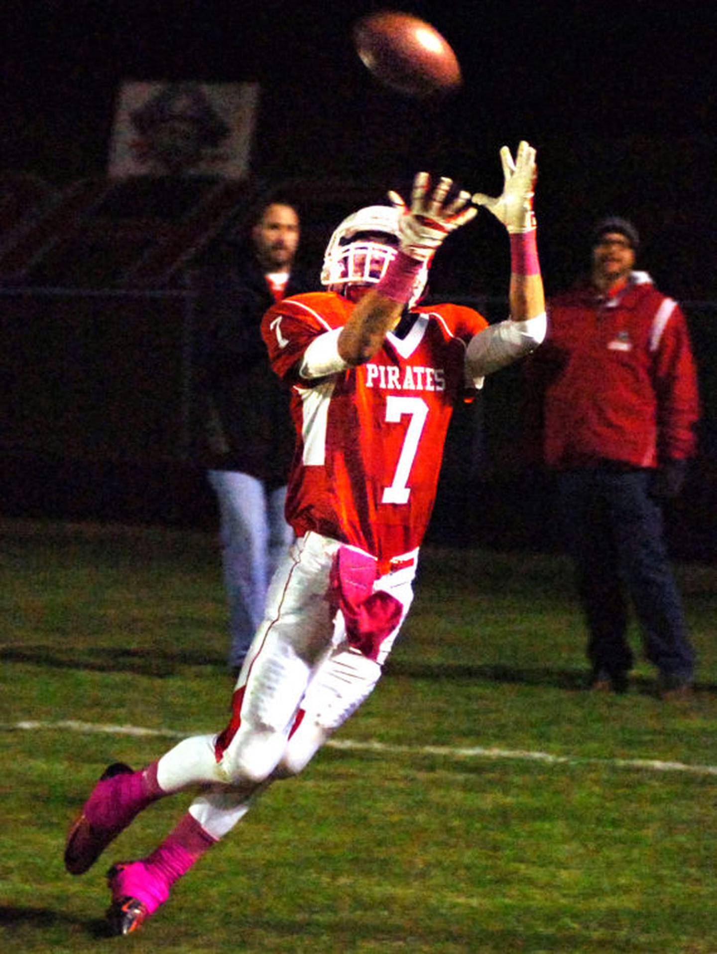 Ottawa's Chase Hill stretches out for a touchdown pass in the corner of the endzone in the second quarter to put the Pirates up 24-7. The Pirates wound up winning 41-7.