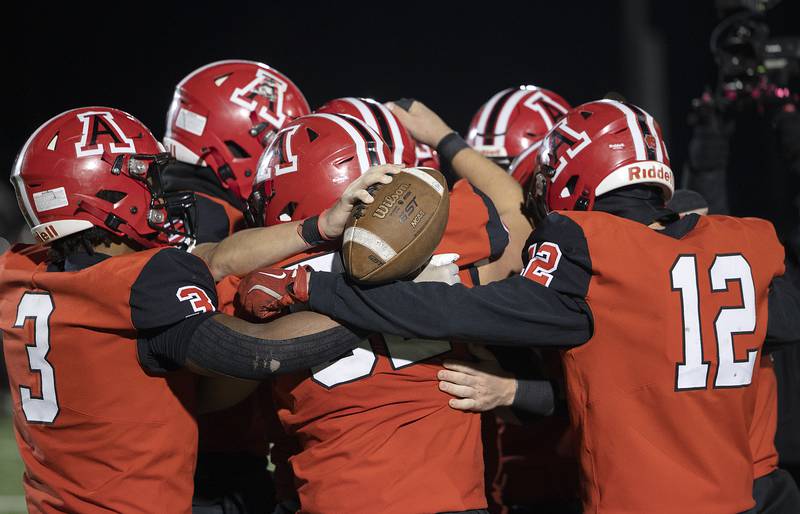 The Amboy Clippers celebrate their win over Milledgeville Friday, Nov. 22, 2024, in the 8-man football championship in Monmouth.