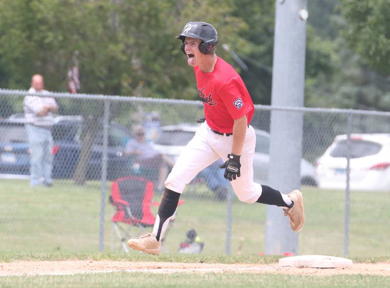 Burbank's Danny Coyle reacts after hitting a three run home run against Spring Valley during the Central Regional Senior Baseball Regional tournament at J.A. Happ Field in Washington Park in Peru.