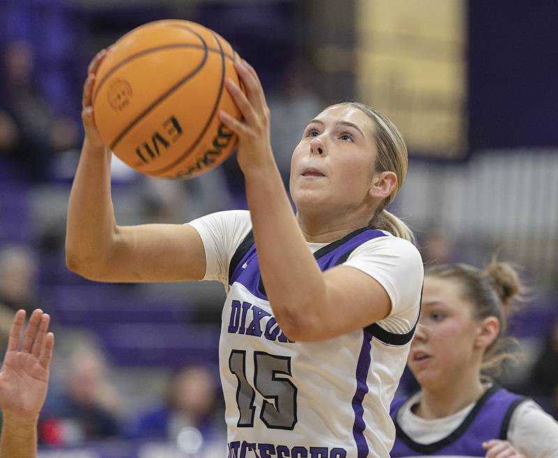 Dixon’s Morgan Hargrave hauls down a rebound against St. Francis Saturday, Jan. 10, 2026.