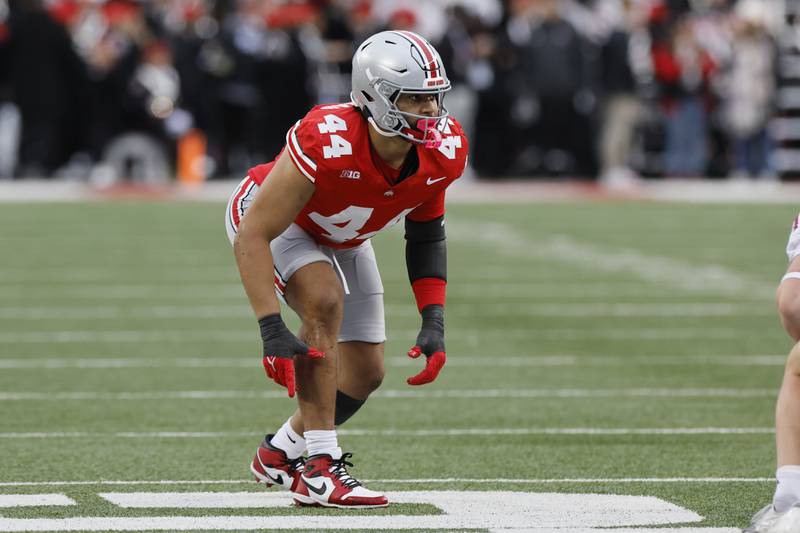 Ohio State defensive lineman JT Tuimoloau plays against Indiana during an NCAA college football game Saturday, Nov. 23, 2024, in Columbus, Ohio. (AP Photo/Jay LaPrete)