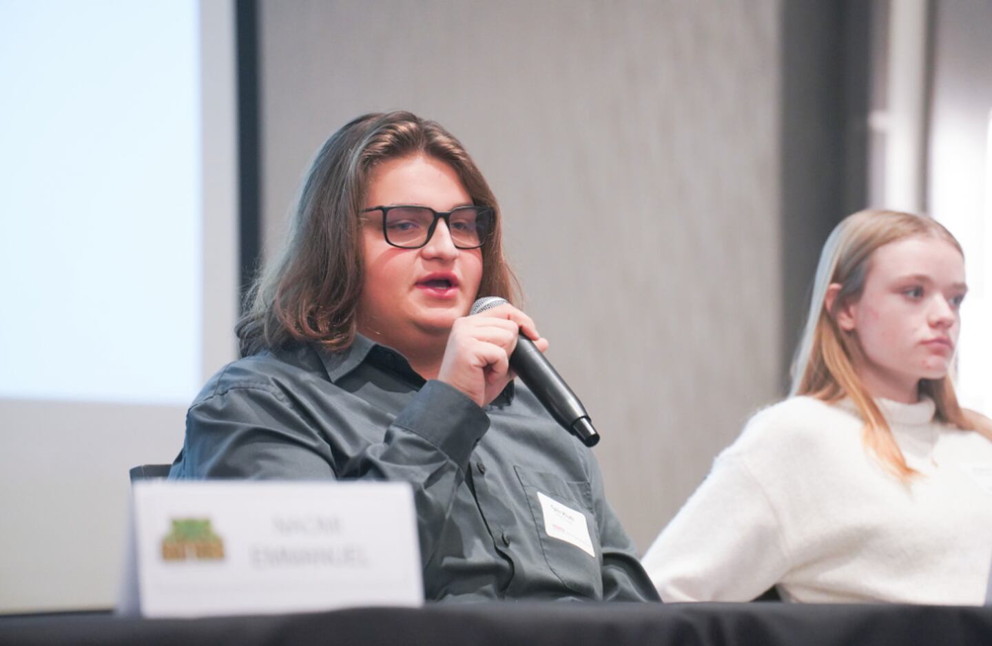 District 155 Haber Oaks student Tyler Kluth speaks on a panel about his micro internship experiences at the 3rd Annual Industry Partner Breakfast Jan. 17, 2024 at the Holiday Inn in Crystal Lake.