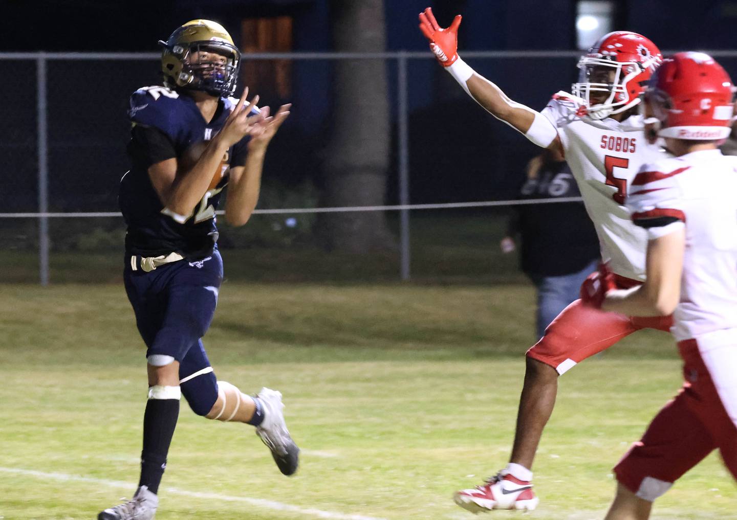 Hiawatha's Jayden Gray hauls in a touchdown pass behind the South Beloit defense during their game Friday, Sept. 20, 2024, at Hiawatha High School in Kirkland.