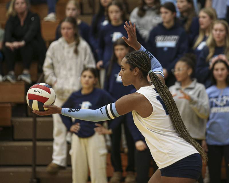 Downers Grove South's Ciara Steward (15) serves during Class 4A Lyons Sectional Semifinal volleyball match between Downers Grove South at Downers Grove North. Nov 4, 2025 in La Grange.