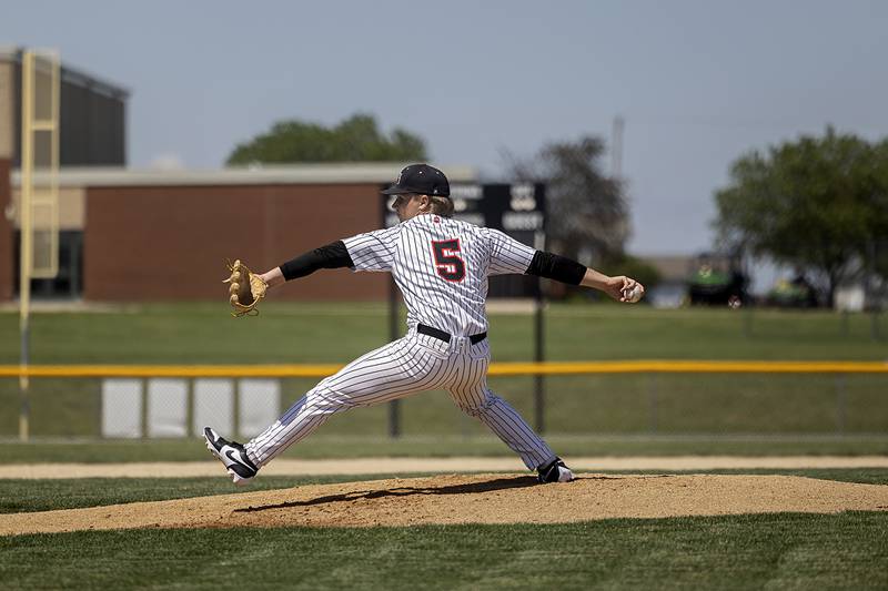 Fulton’s AJ Boardman fires a pitch against East Dubuque Wednesday, May 22, 2024 in the Class A sectional semifinal in Forreston.