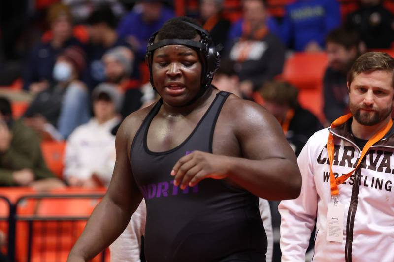 Downers Grove North’s Jordan Lewis lost against Mt. Carmel’s Ryan Boersma in the Class 3A 285lb. semifinals at State Farm Center in Champaign. Friday, Feb. 18, 2022, in Champaign.