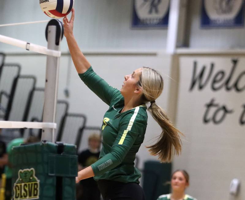 Crystal Lake South’s Joanna Kruzolek hits the ball against Crystal Lake Central  in varsity volleyball at Crystal Lake South High School in Crystal Lake on Tuesday, Oct. 7, 2025.