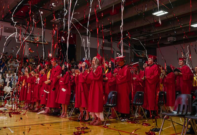 Streamers fall Friday, May 15, 2026, at the end of Sauk Valley Community College’s commencement.