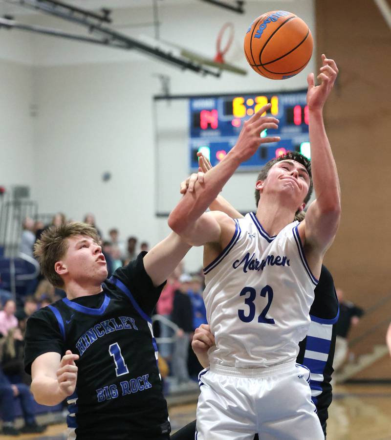 Newark's Cody Kulbartz grabs a rebound over Hinckley-Big Rock's Judah Miceli Friday, Feb. 6, 2026, during their Little 10 Conference third place game at Somonauk High School.