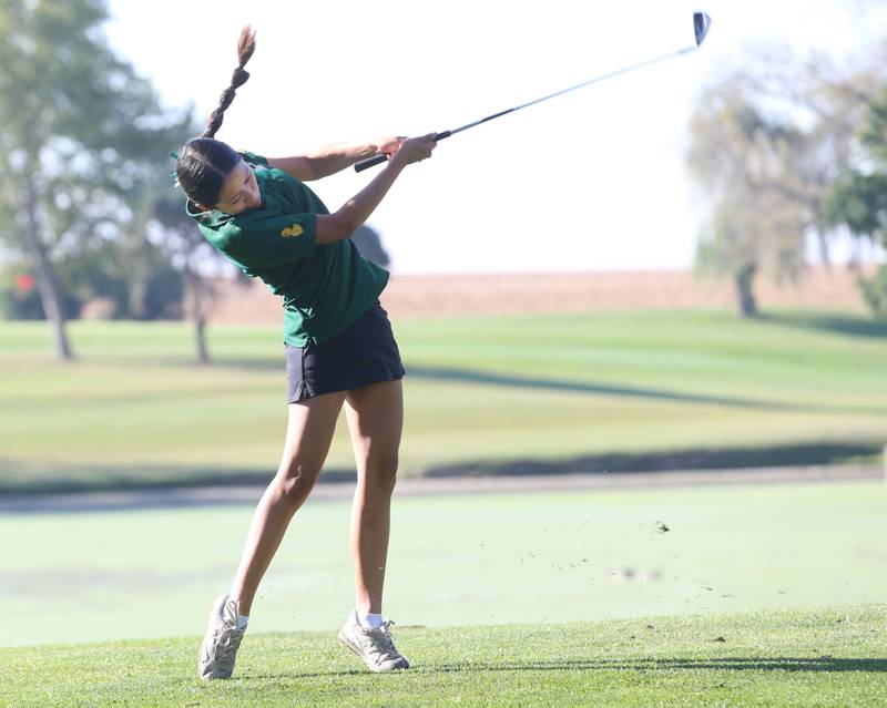 St. Bede's Gaby Martinez tees off during the Class 1A Regionals on Tuesday, Sept. 30, 2025 at Spring Creek Golf Course in Spring Valley.