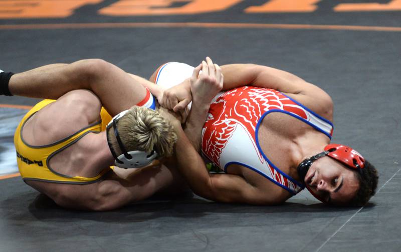 Oregon's Andrew Young tries to escape from Lena-Winslow's Eli Larson in the 175-pound title match at the 1A Byron Regional on Saturday, Feb. 8, 2025. Young lost to Larson in this match, but advanced to the Oregon Sectional.