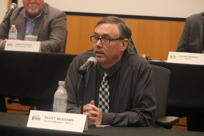 DeKalb 5th Ward Alderman Scott McAdams speaks at the May 22, 2023 meeting of the DeKalb City Council.