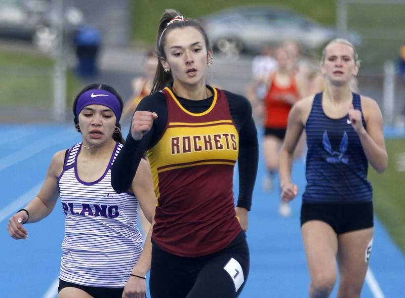 Richmond-Burton’s London Oudshoorn runs to the finish line to win the 800 meter run the Kishwaukee River Conference Girls Track and Field Meet on Tuesday, May 5, 2025, at Woodstock High School.
