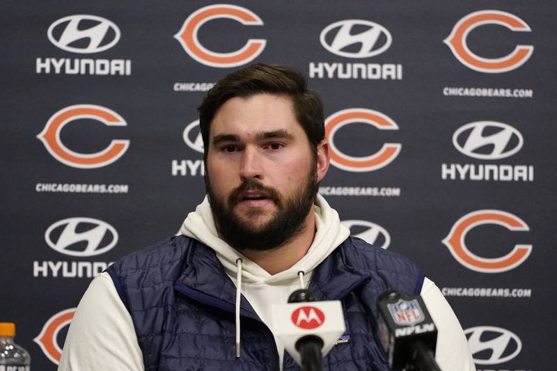 Chicago Bears offensive lineman Lucas Patrick talks to reporters during a news conference on March 18, 2022 at Halas Hall in Lake Forest.