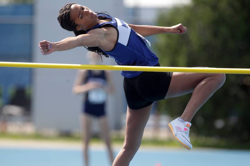 Newark’s Kiara Wesseh competes in the 1A high jump competition during the IHSA State Track and Field Finals at Eastern Illinois University in Charleston on Saturday, May 20, 2023.