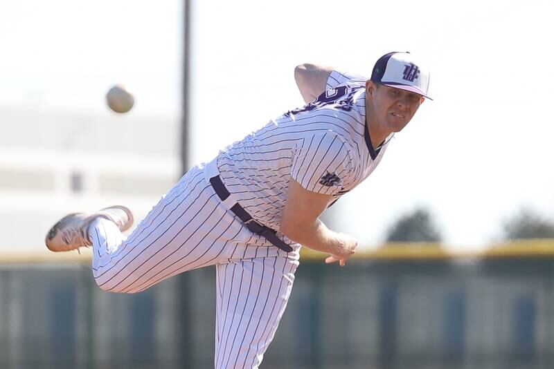 Joliet Junior College’s Matt Kelliher delivers a pitch against Illinois Valley in game one of their double-header at the Wolves home opener on Sunday Mar. 3rd, 2024 in Joliet.