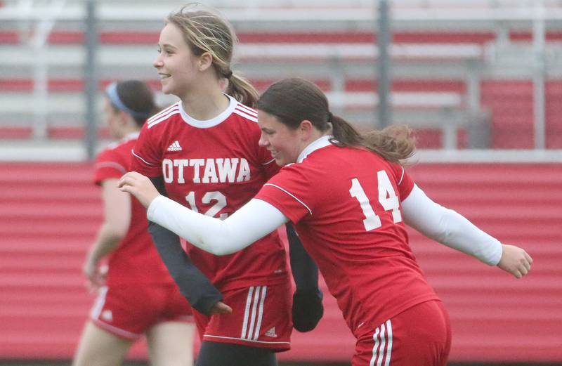 Ottawa's Chloe Carmona and teammate Kalie Andersen react after scoring a goal against L-P on Wednesday, April 30, 2025 at King Field in Ottawa.