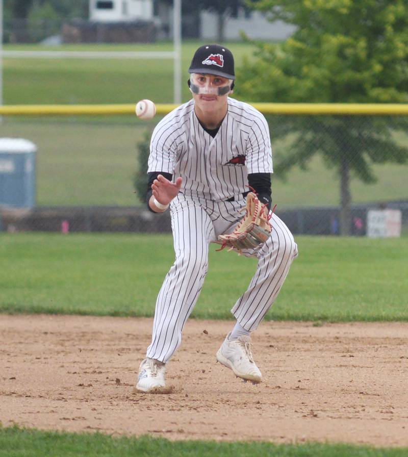 Fulton's Caden Wilkin focuses on the ball as he fields the hop on a grounder against Rockford Lutheran at the 1A Lena-Winslow Sectional on Wednesday, May 28, 2025.