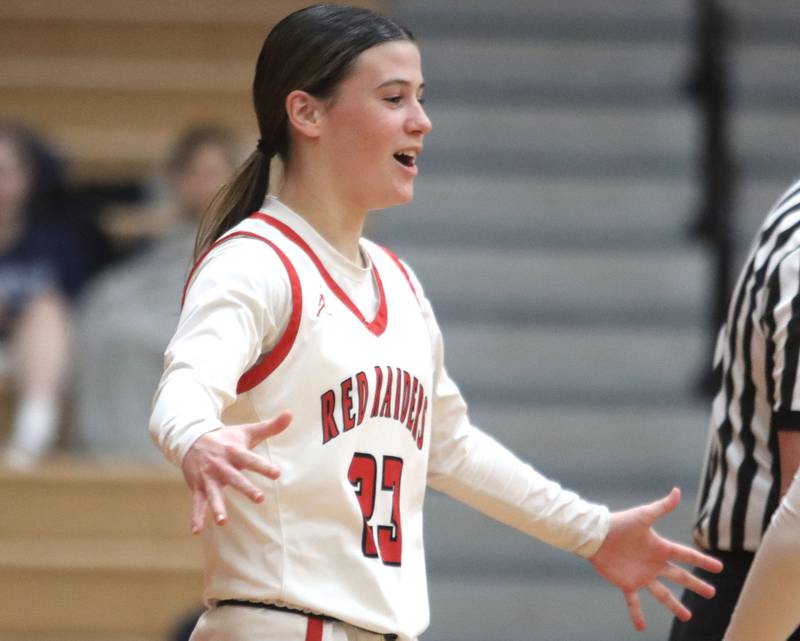 Huntley’s Aubrina Adamik gets revved up after drawing a foul against Cary-Grove in varsity girls basketball on Monday, Feb. 2, 2026, at Huntley High School in Huntley.