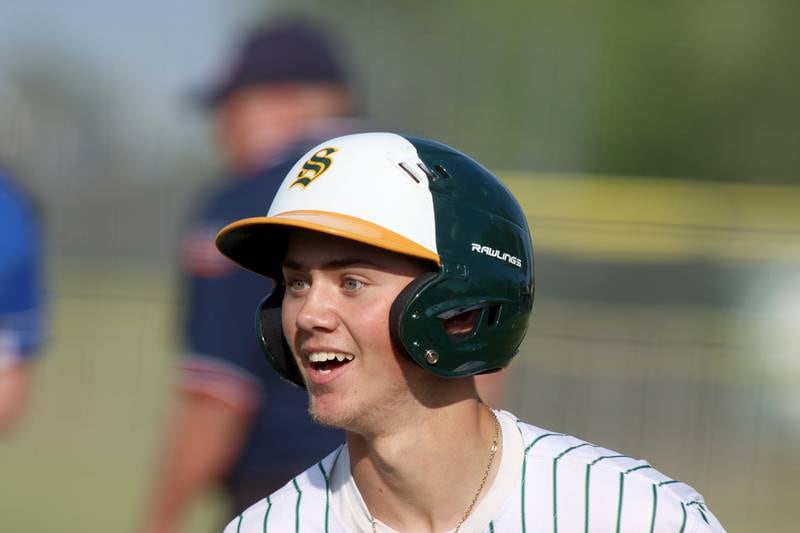 Crystal Lake South’s Xander Shevchenko reacts after scoring against Lake Forest in Class 3A baseball regional action at Crystal Lake Thursday.