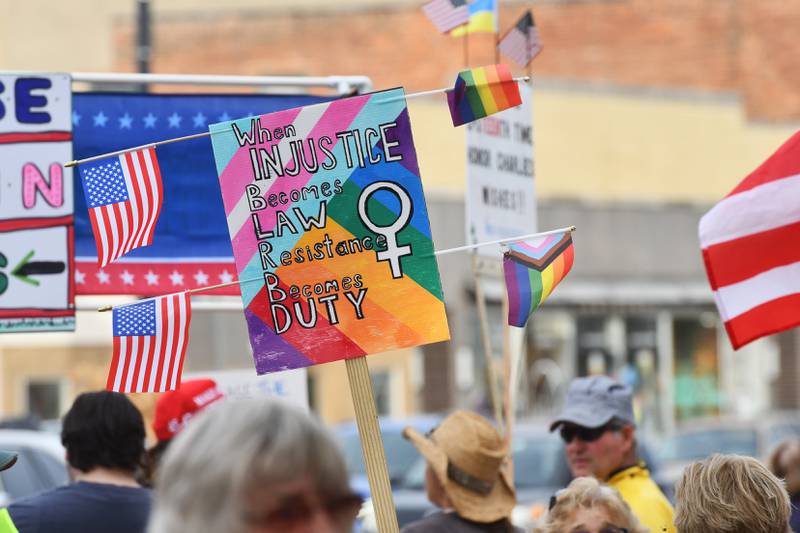 There were a variety of signs carried by demonstrators on Saturday, Oct. 18, 2025 at the No Kings rally on the Ogle County Courthouse square in Oregon, Illinois to protest actions and decisions by President Donald Trump and his administration.