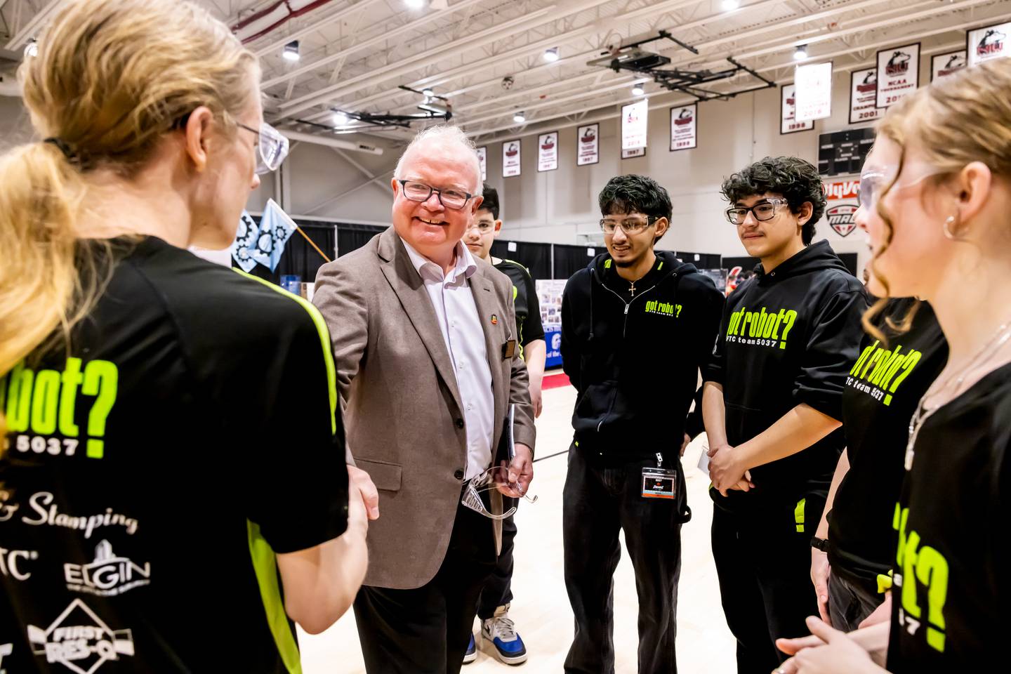 Dave Grewell, dean of NIU's College of Engineering and Engineering Technology, welcomes students, families and other supporters during the opening ceremony at the FIRST Tech Challenge State Championship on March 7, 2026, in DeKalb.