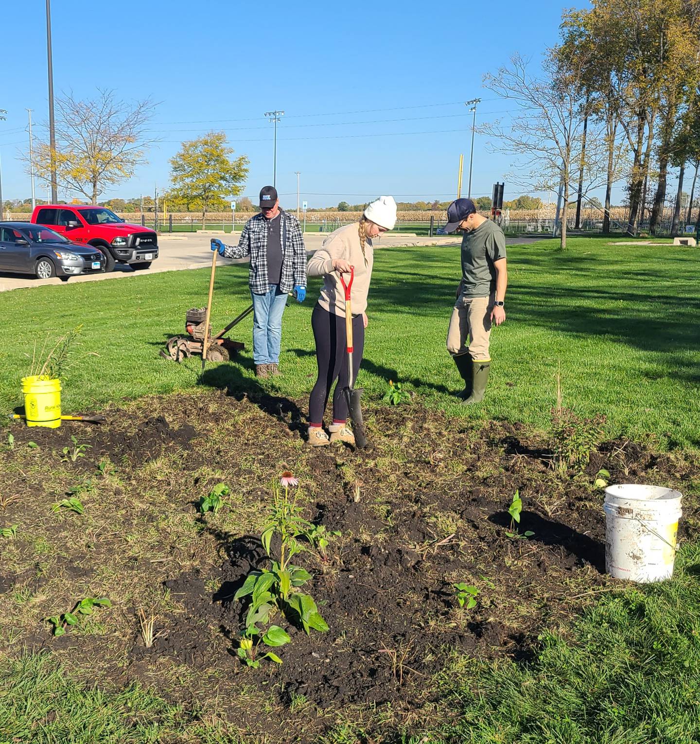 Rotarians and family members from La Salle, Peru and Illinois Valley Sunrise began construction of the pollinator demonstration plot near the park entrance on the east side of Rotary Park in La Salle.