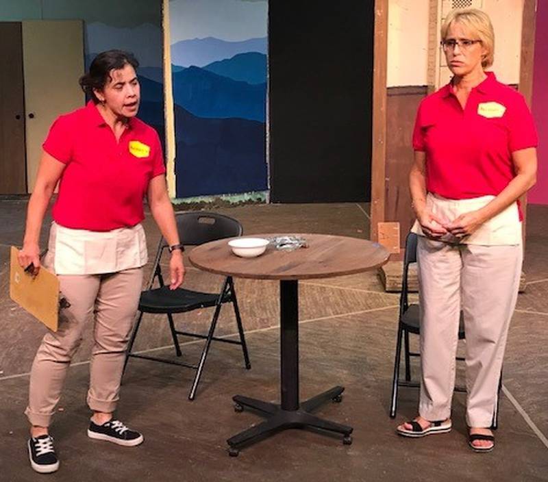 Stage Coach Players cast members rehearse a scene from "Nickel and Dimed," which opens Aug. 10.