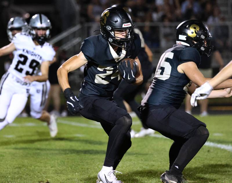 Sycamore's Crewe Bartelt looks for running room after a Kaneland kickoff during their game Friday, Oct. 3, 2025, at Sycamore High School.