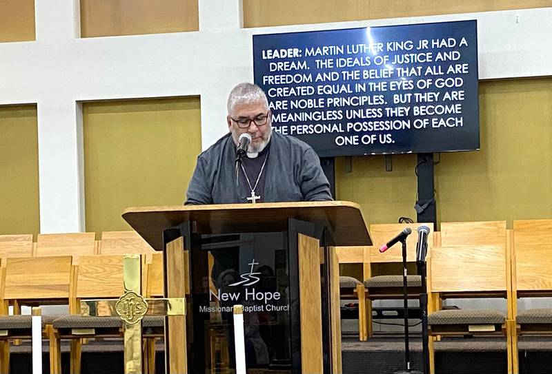 The Rev. Luis Felipe Reyes-Rosario, pastor at United Methodist Church of Sycamore, leads the crowd in a call and response during the annual Martin Luther King, Jr. Celebration event on Monday, Jan. 20, 2025, at New Hope Missionary Baptist Church, 1201 Twombly Road, DeKalb.