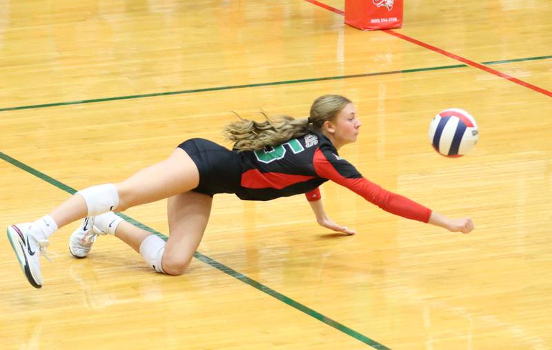 L-P's Aubrey Duttlinger saves the ball from hitting the ground on Tuesday, Oct. 17, 2023 at Sellett Gymnasium.