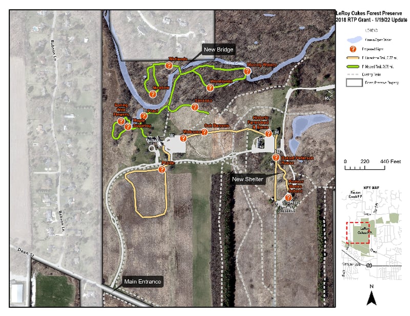 New improvements are underway at LeRoy Oakes Forest Preserve in St. Charles, courtesy of a recent Recreational Trails Program grant awarded to the Forest Preserve District of Kane County.
Planned improvements include a new trail system, interpretive signage, a new picnic shelter and bridge replacement.