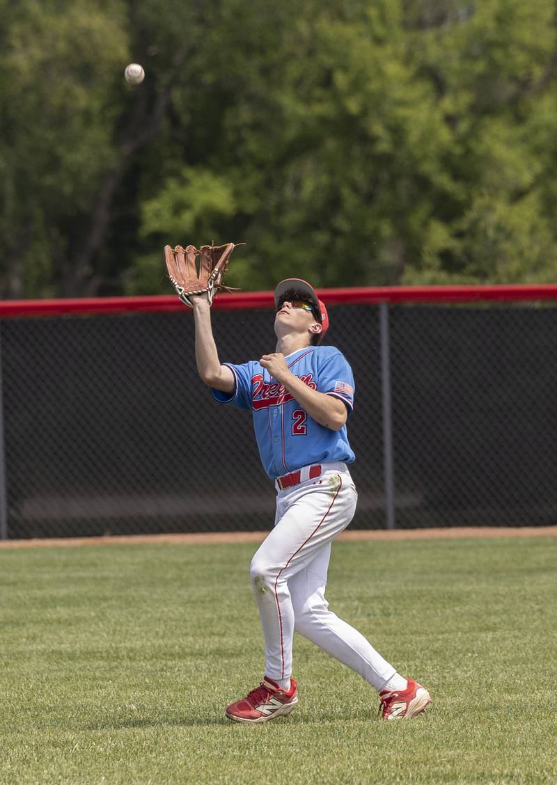 Oregon’s Ethan Peeling camps under a fly ball against Byron Saturday, May 24, 2025, in the Stillman Valley Class 2A Regional final.
