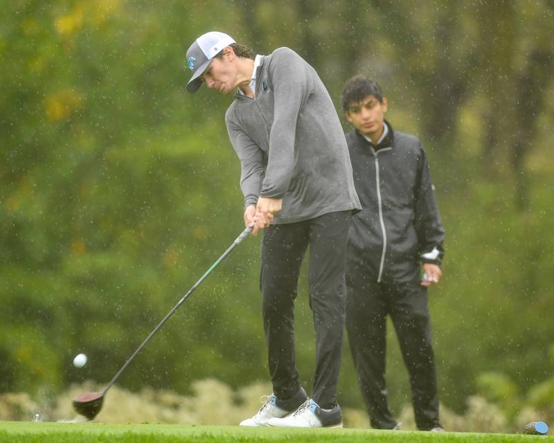 Downers Grove South’s golfer Cody Powell tee’s off during the West Suburban golf match on Tuesday Sept. 24, 2024, held at Prairie Bluff Golf Course in Crest Hill.