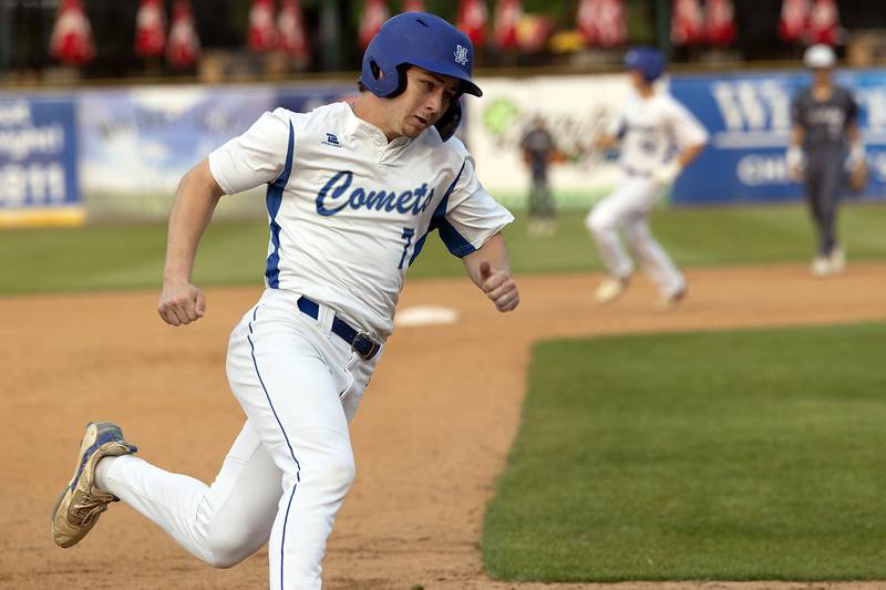 Newman’s Ashton Miner rounds third to score against Chicago Hope Monday, June 2, 2025, during the Class 2A Supersectional at Northwestern Medicine Field in Geneva.