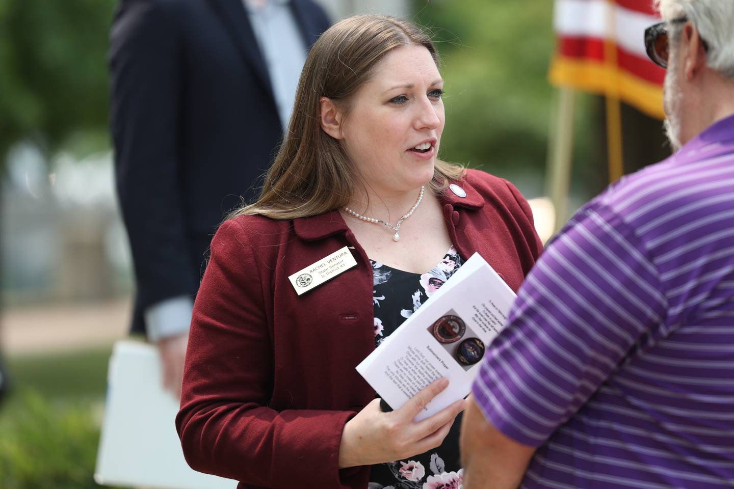 Illinois State Senator, District 43, Rachel Ventura attends a special Flag Day ceremony dedicating a memorial to remember the 28 World War II Submarines that traveled through Joliet on their way to the Pacific theater in Bicentennial Park on Wednesday, June 14, 2023 in Joliet.