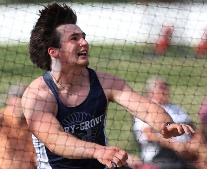 Cary-Grove’s Logan Abrams competes in the discus  in Fox Valley Conference boys track and field meet action at Huntley High School in Huntley on Thursday, May 15, 2025.