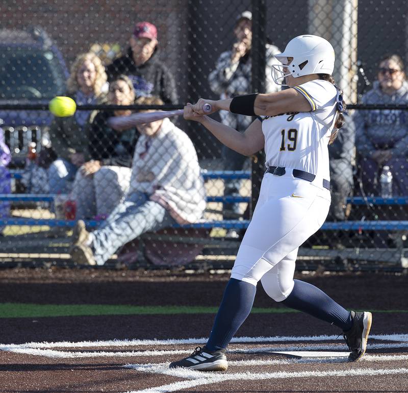 Sterling’s Lily Martinez hammers the ball to centerfield but flies out against Dixon Tuesday, March 25, 2025.