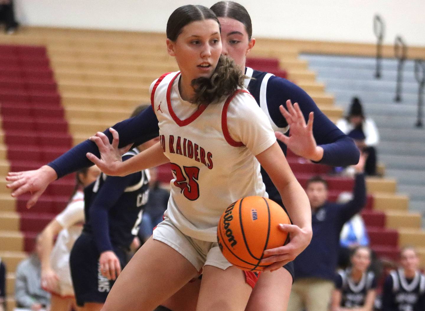 Huntley’s Evie Freundt moves the ball against Cary-Grove in varsity girls basketball on Monday, Feb. 2, 2026, at Huntley High School in Huntley.