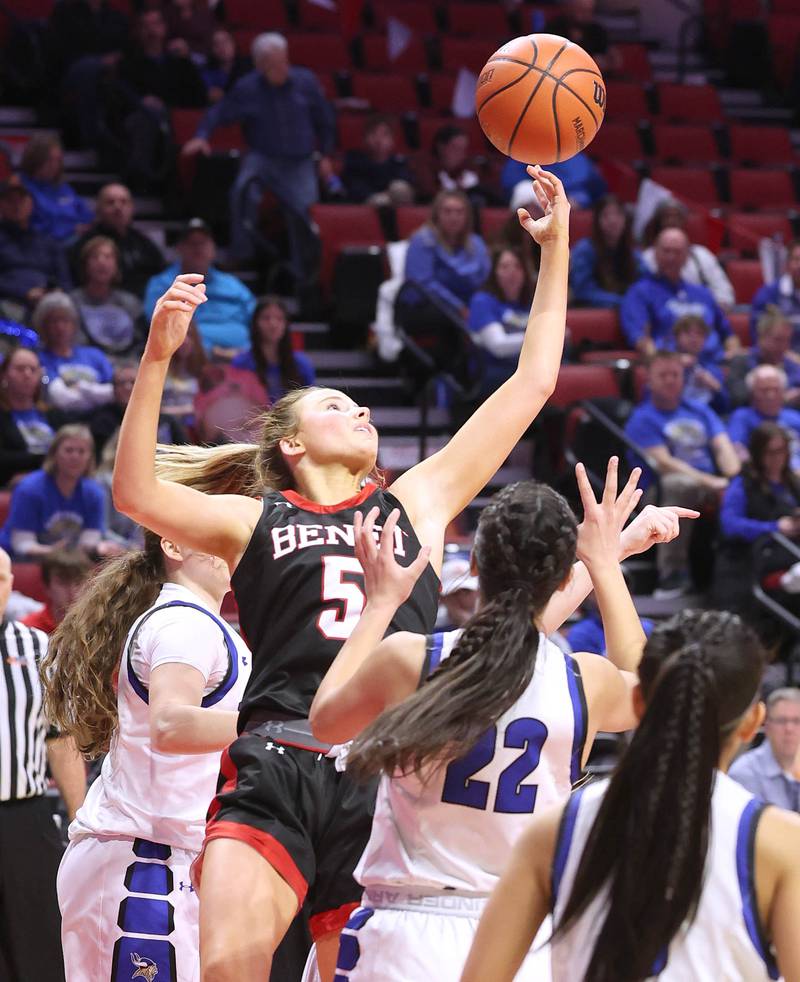 Benet's Lenee Beaumont grabs a rebound over Geneva's Leah Palmer during their Class 4A state semifinal game Friday, March 3, 2023, in CEFCU Arena at Illinois State University in Normal.